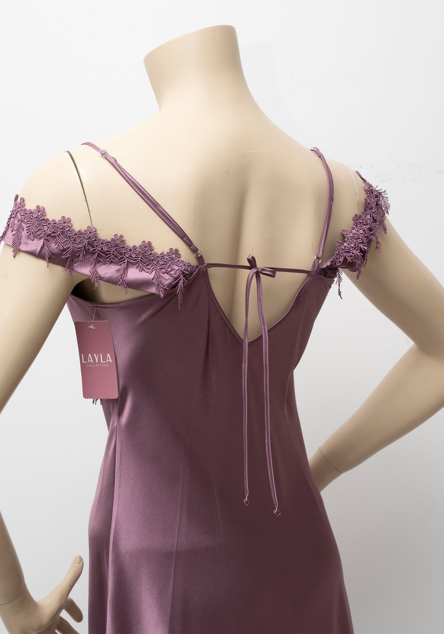 LNGR Satin Long Night Gown With Lace Shoulders