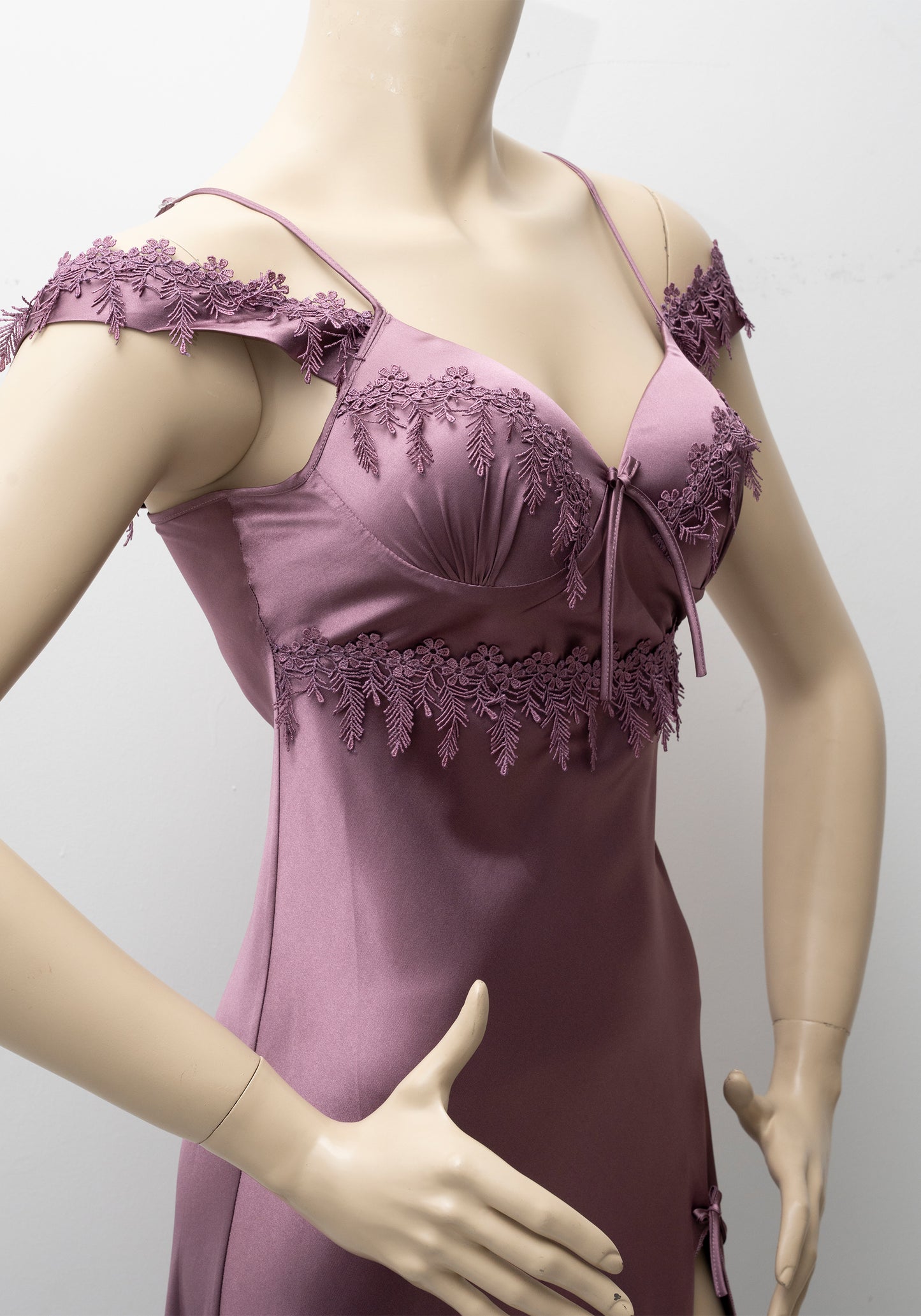 LNGR Satin Long Night Gown With Lace Shoulders