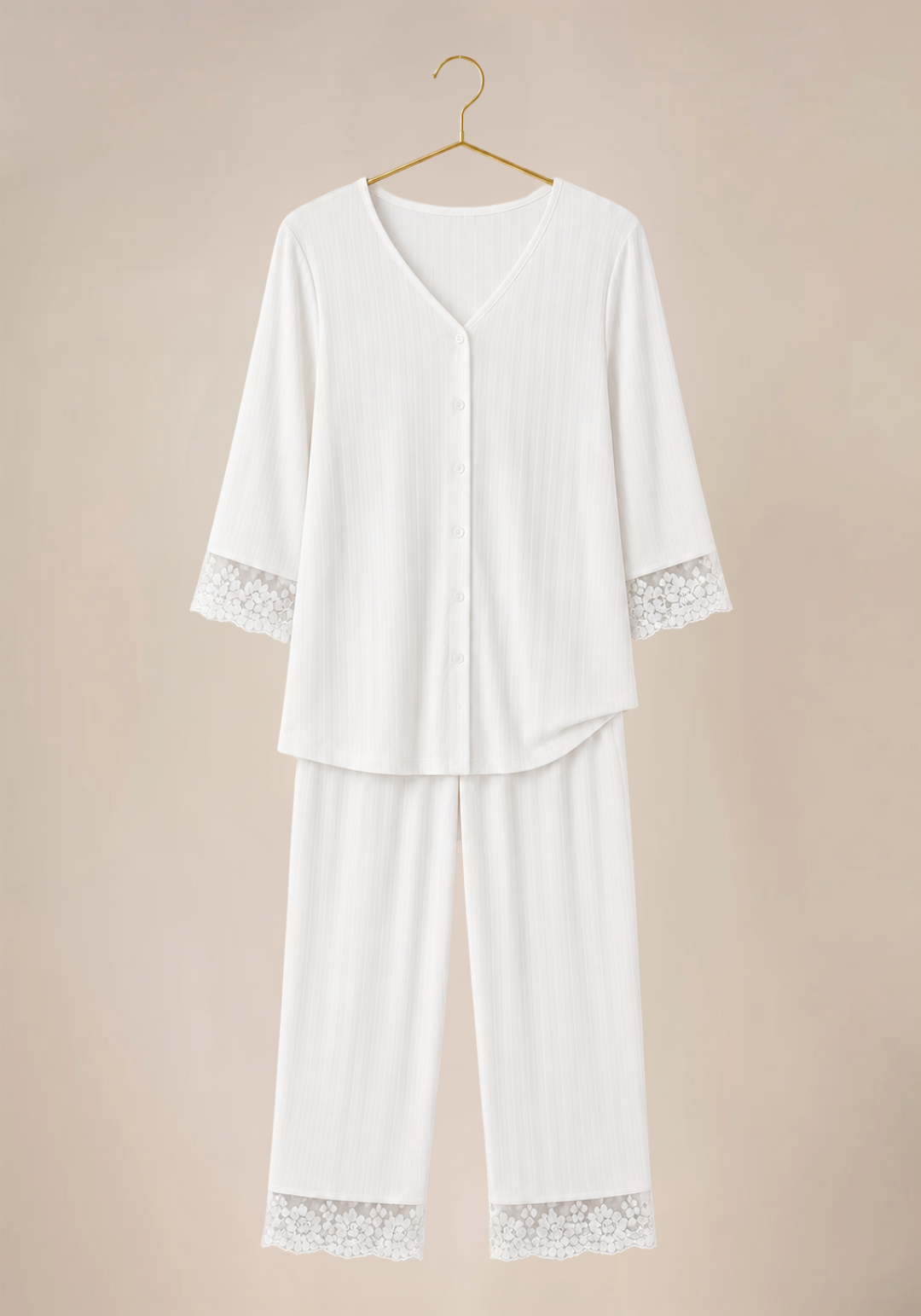 Jacquard Long Sleeve Buttoned Front Pajamas With Dantel Details