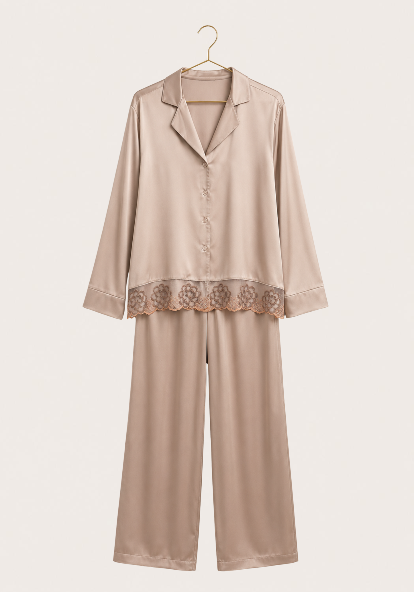 Satin Collar Button Long Sleeve With Lace Detail Pajamas