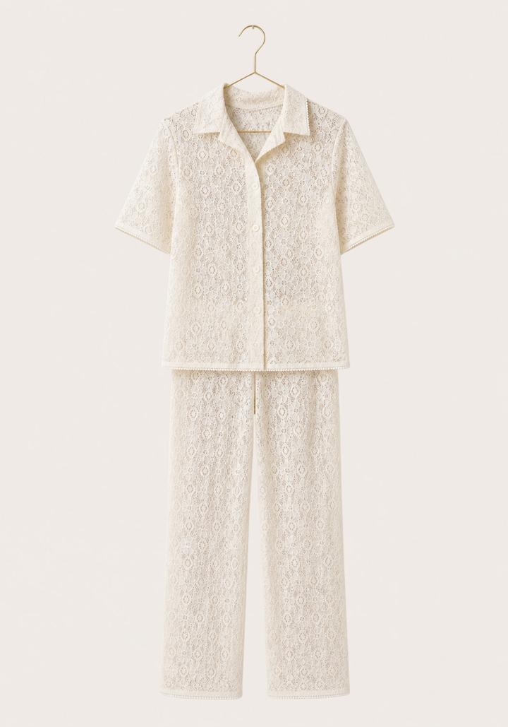 Pajamas: Full Dantel Collar Button Long Sleeve Top And Pants (100% Premium Cotton)