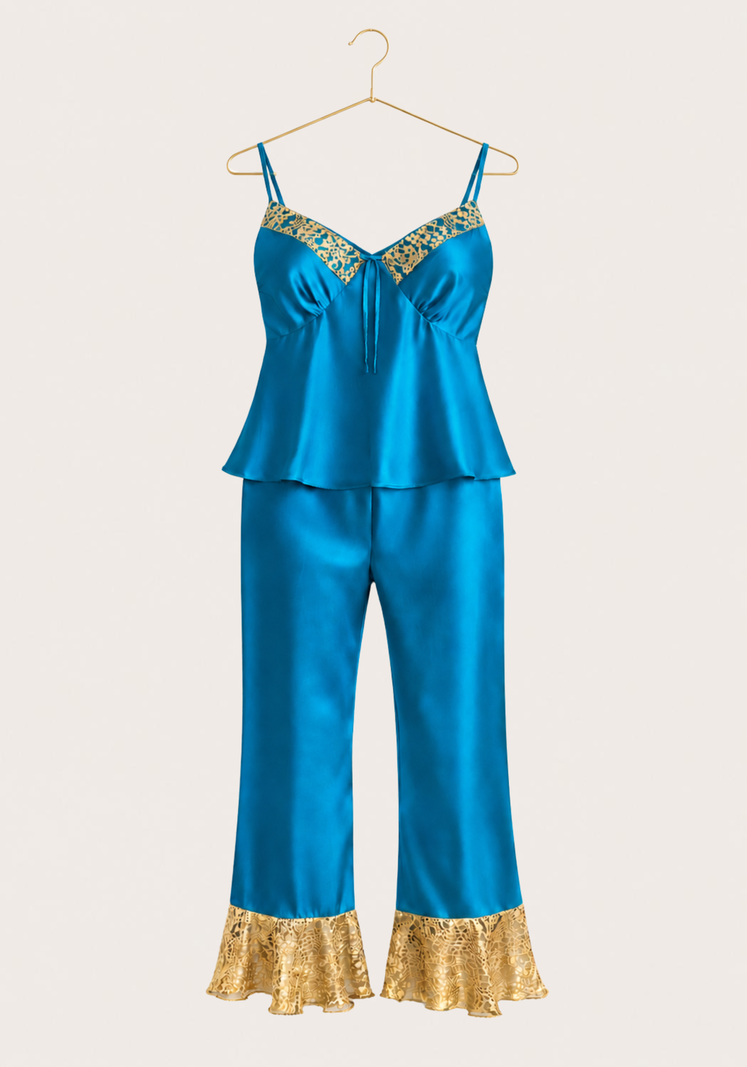 Satin Pajamas: Shoulder Strap Top And Pant With Lace Detail