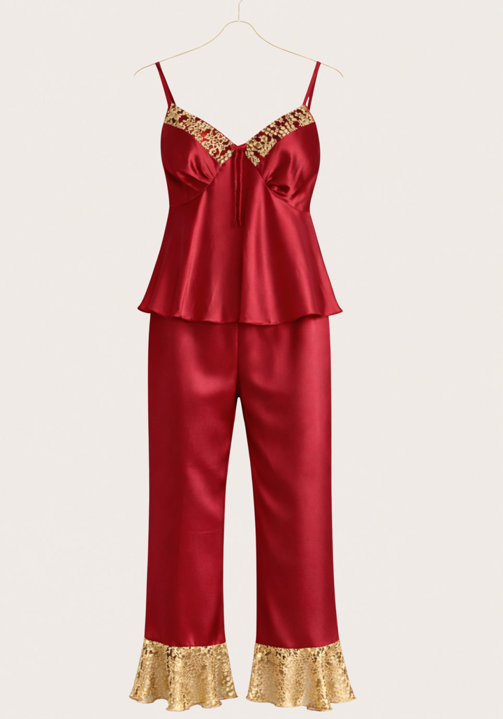 Satin Pajamas: Shoulder Strap Top And Pant With Lace Detail