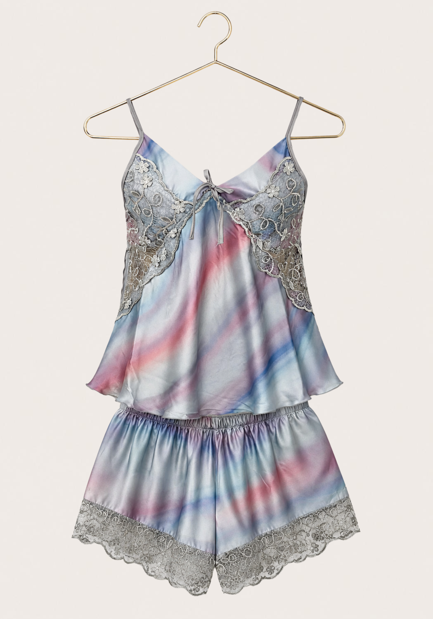 Satin Cami Set: Shoulder Strap Camisol And Satin Shorts With Dantel Detail