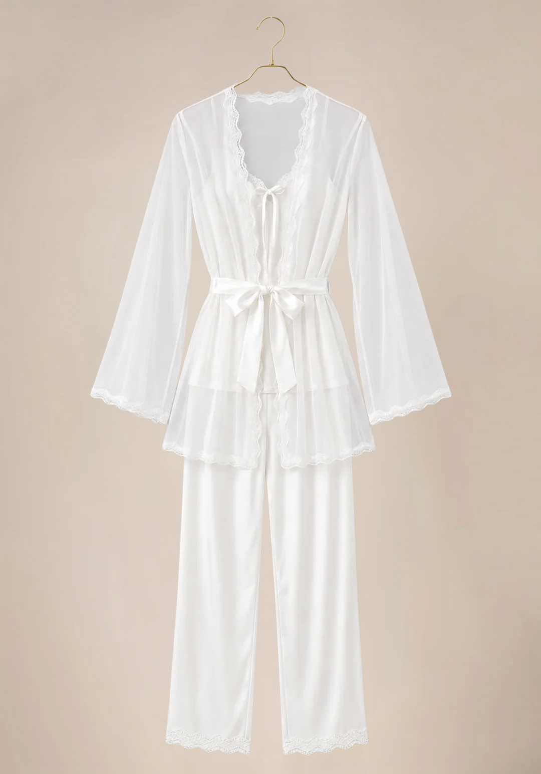 Bridal 3 Pieces Set: Schiffon Cami Top And Long Sleeve Short Robe And Satin Pants