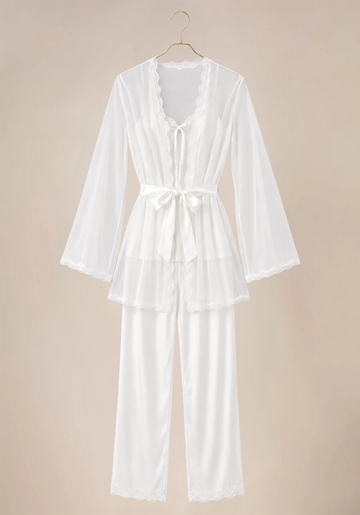 Bridal 3 Pieces Set: Schiffon Cami Top And Long Sleeve Short Robe And Satin Pants