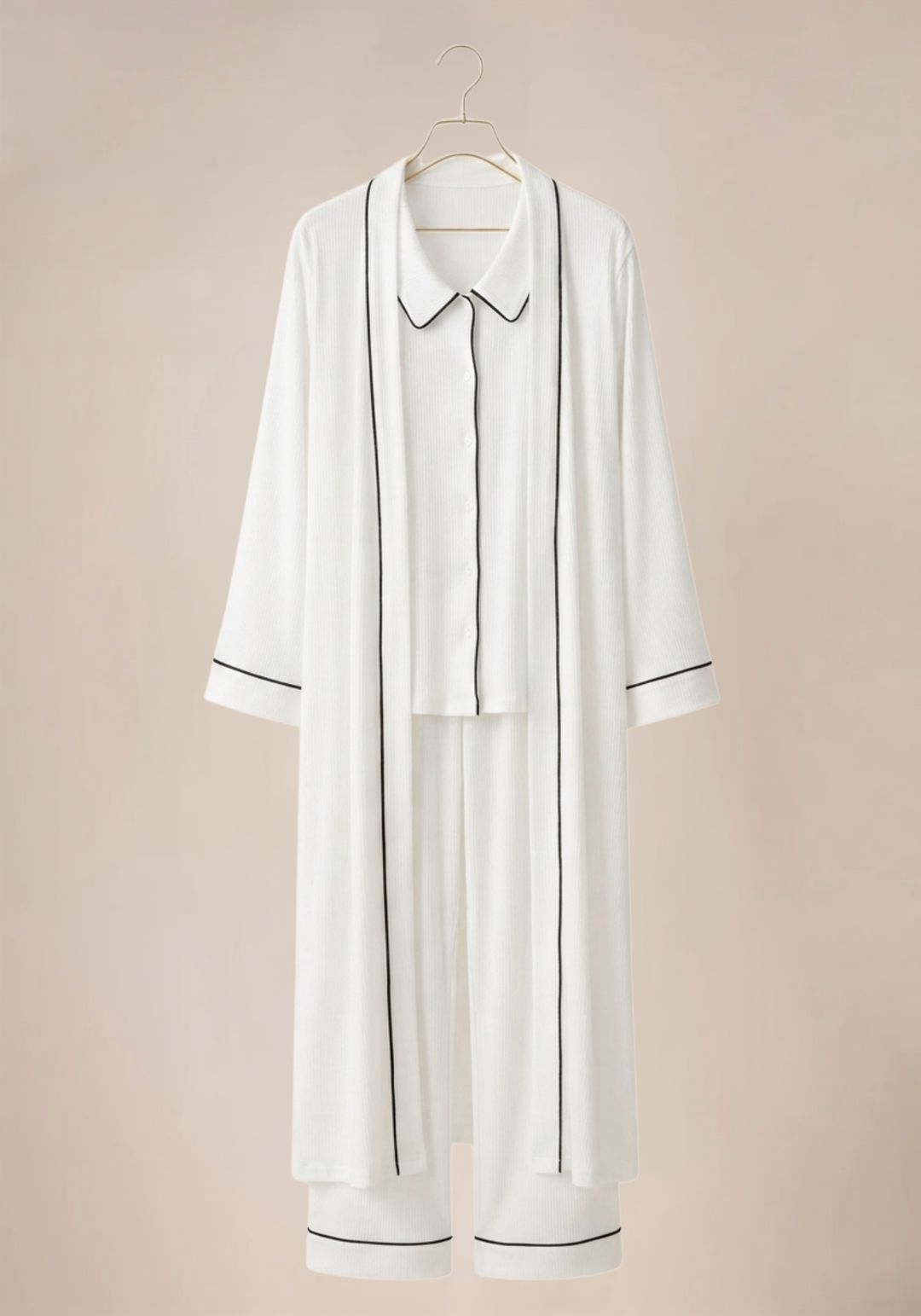 Plain Chords 3 Piece Pajama: Collar Button Long Sleeve Top And Pants And Long Robe