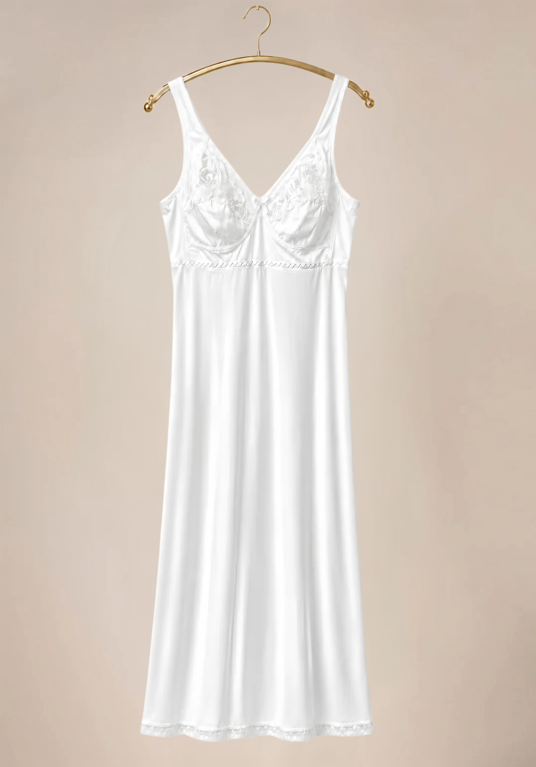 Long Slip: Wide Shoulder Strap Half Lace Unpadded Cup Long Under Slip