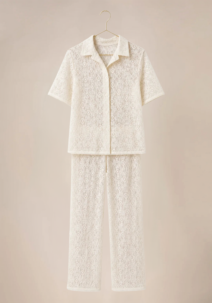 Pajamas: Full Dantel Collar Button Long Sleeve Top And Pants (100% Premium Cotton)