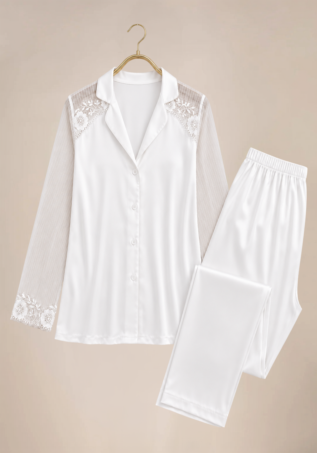 Bridal Pajamas: Satin Plain Collar Button Robe-Like Top With Toulle Long Sleeves And Satin Pants