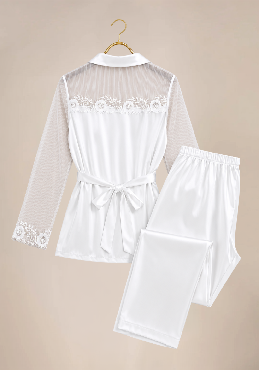 Bridal Pajamas: Satin Plain Collar Button Robe-Like Top With Toulle Long Sleeves And Satin Pants