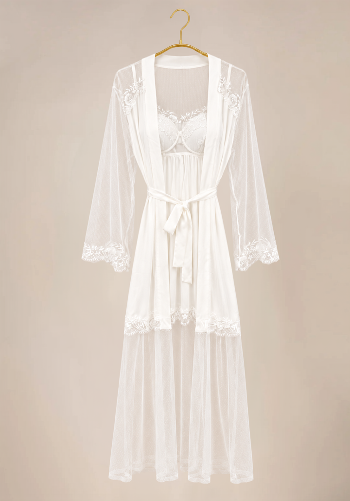 Bridal Long Robe Set: Satin Padded Underwire Cup Babydoll And Satin Toulle Long Robe