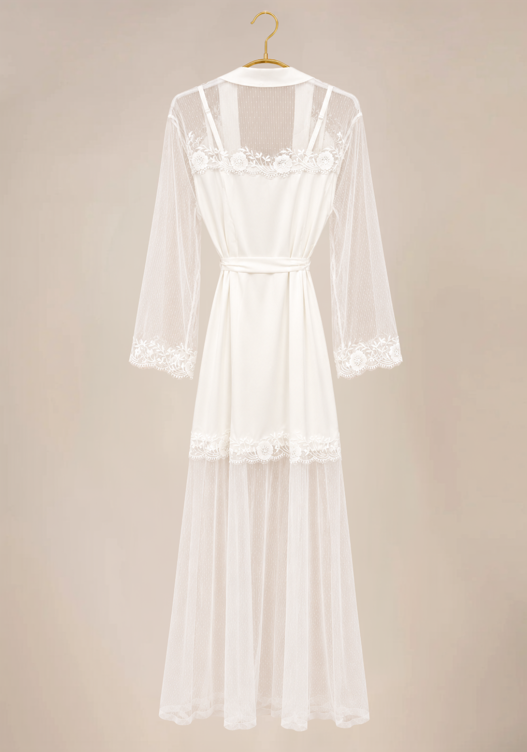 Bridal Long Robe Set: Satin Padded Underwire Cup Babydoll And Satin Toulle Long Robe