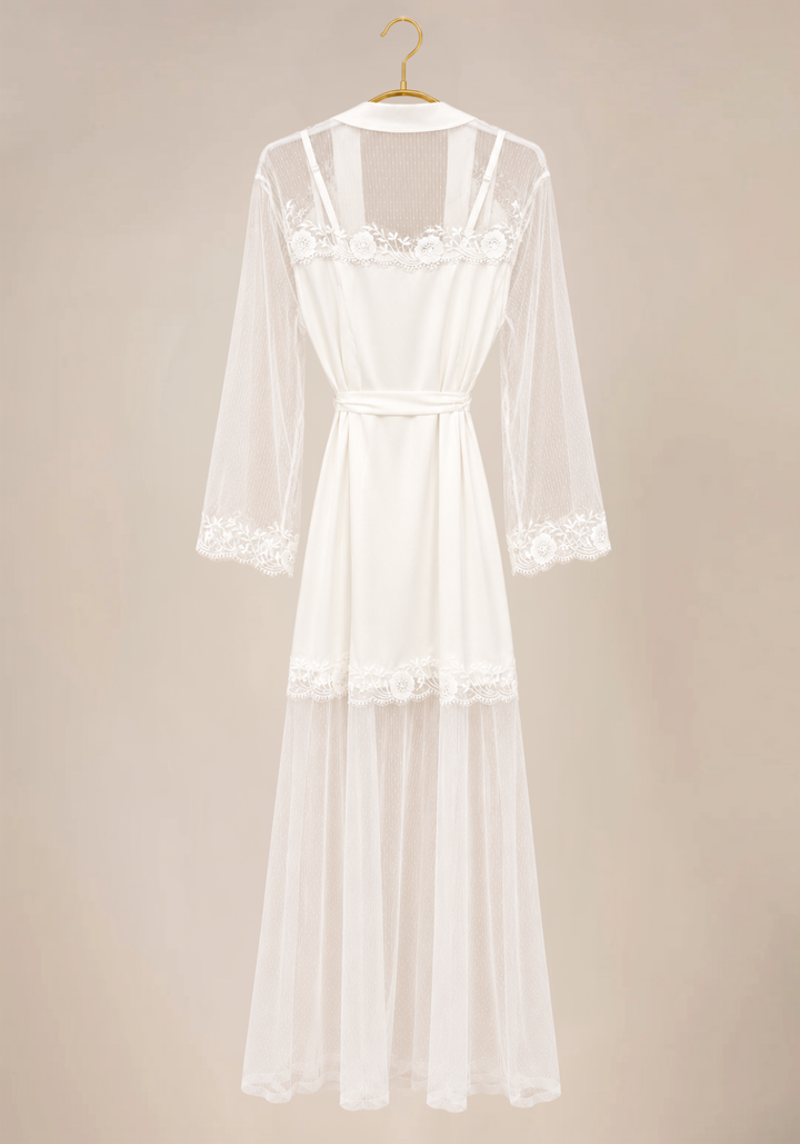 Bridal Long Robe Set: Satin Padded Underwire Cup Babydoll And Satin Toulle Long Robe