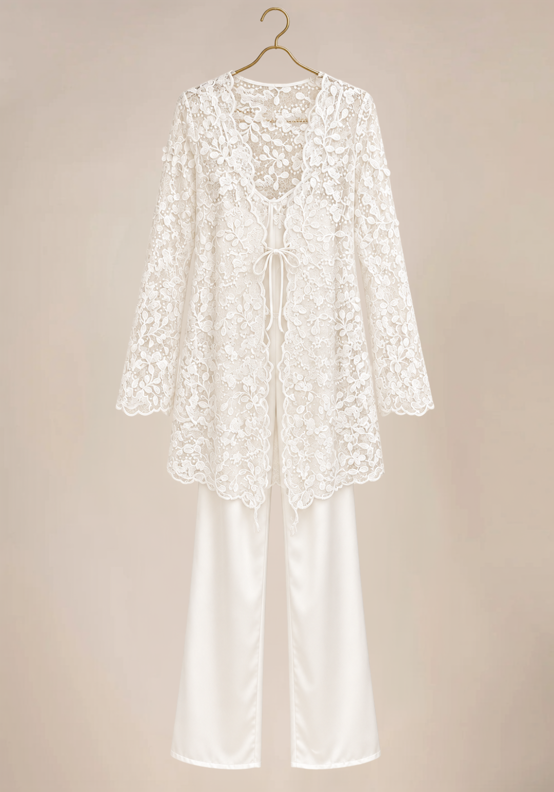 Bridal 3 Pieces Set: Satin Cami Top And Full Dantel Long Sleeve Robe And Satin Pants