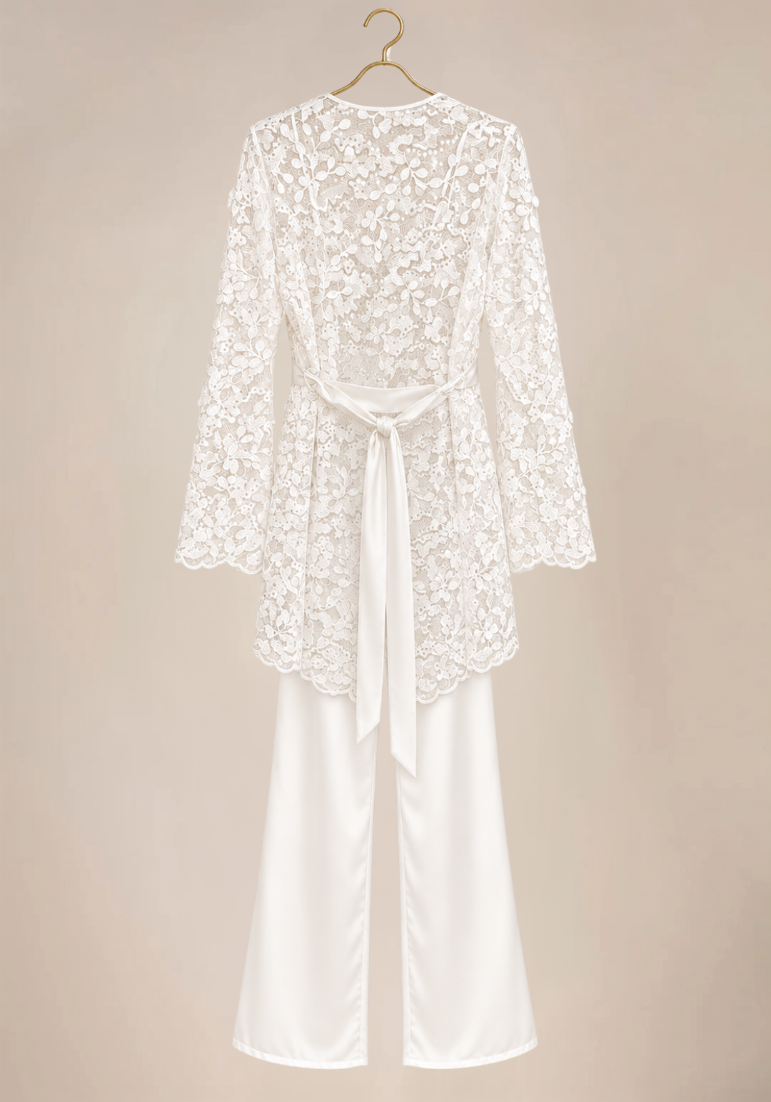 Bridal 3 Pieces Set: Satin Cami Top And Full Dantel Long Sleeve Robe And Satin Pants