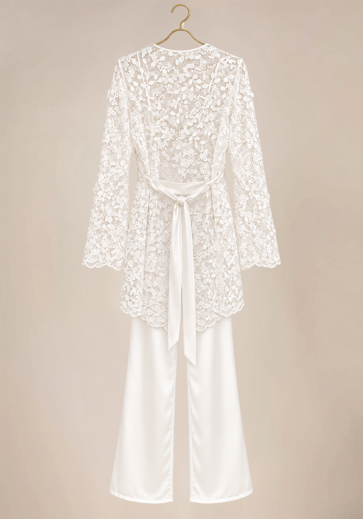 Bridal 3 Pieces Set: Satin Cami Top And Full Dantel Long Sleeve Robe And Satin Pants