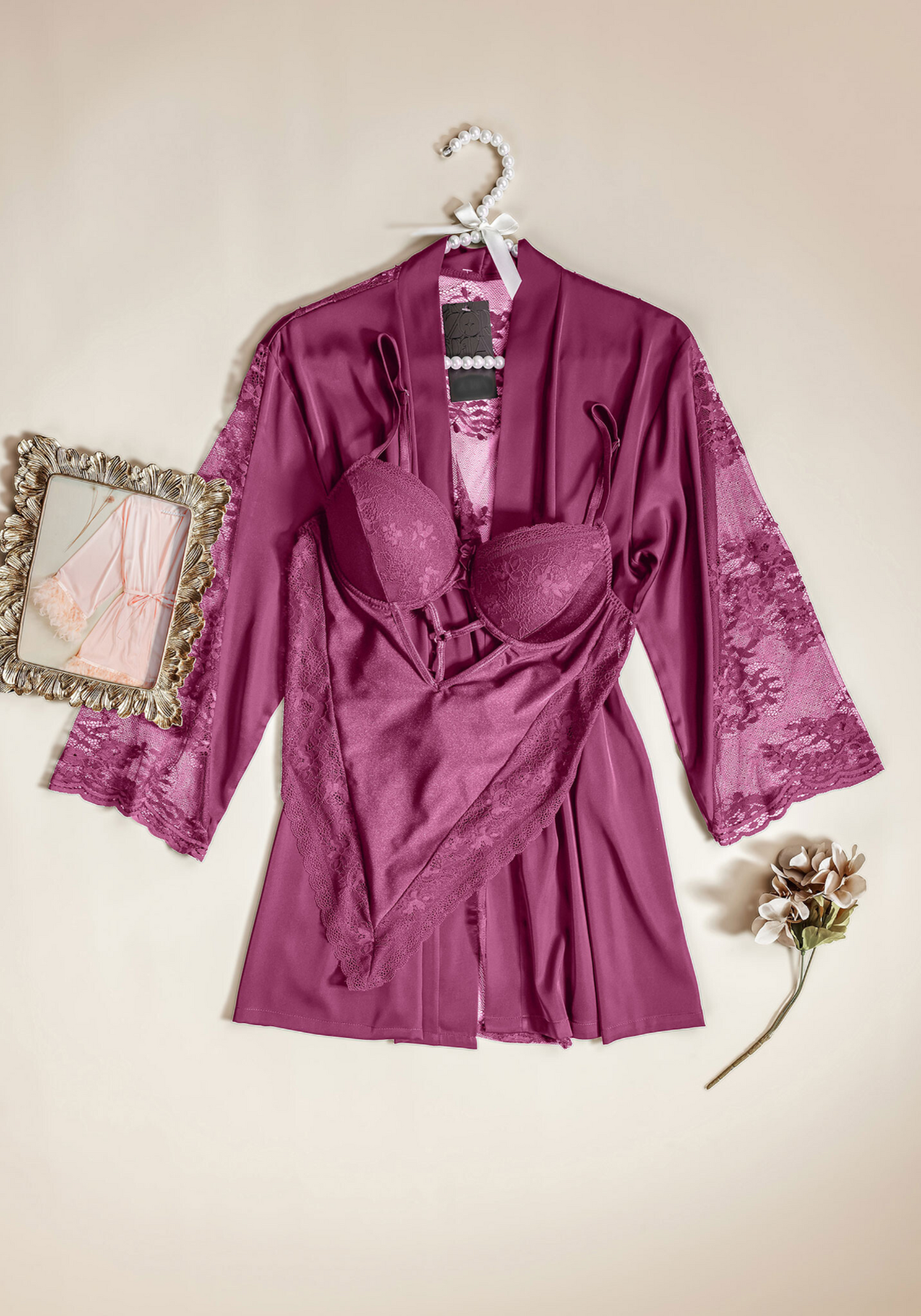 Bodysuit Robe Set: Padded Bra Satin Lace Bodysuit And Satin Lace Short Kimono