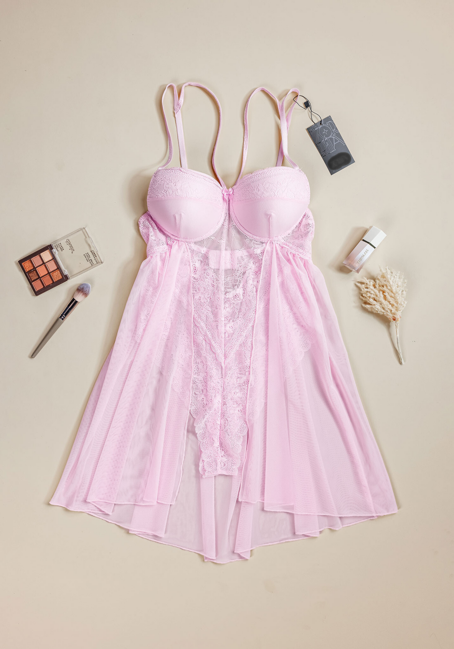 Babydoll: Shoulder Strap Padded Bra Lace Bodysuit Chiffon Babydoll