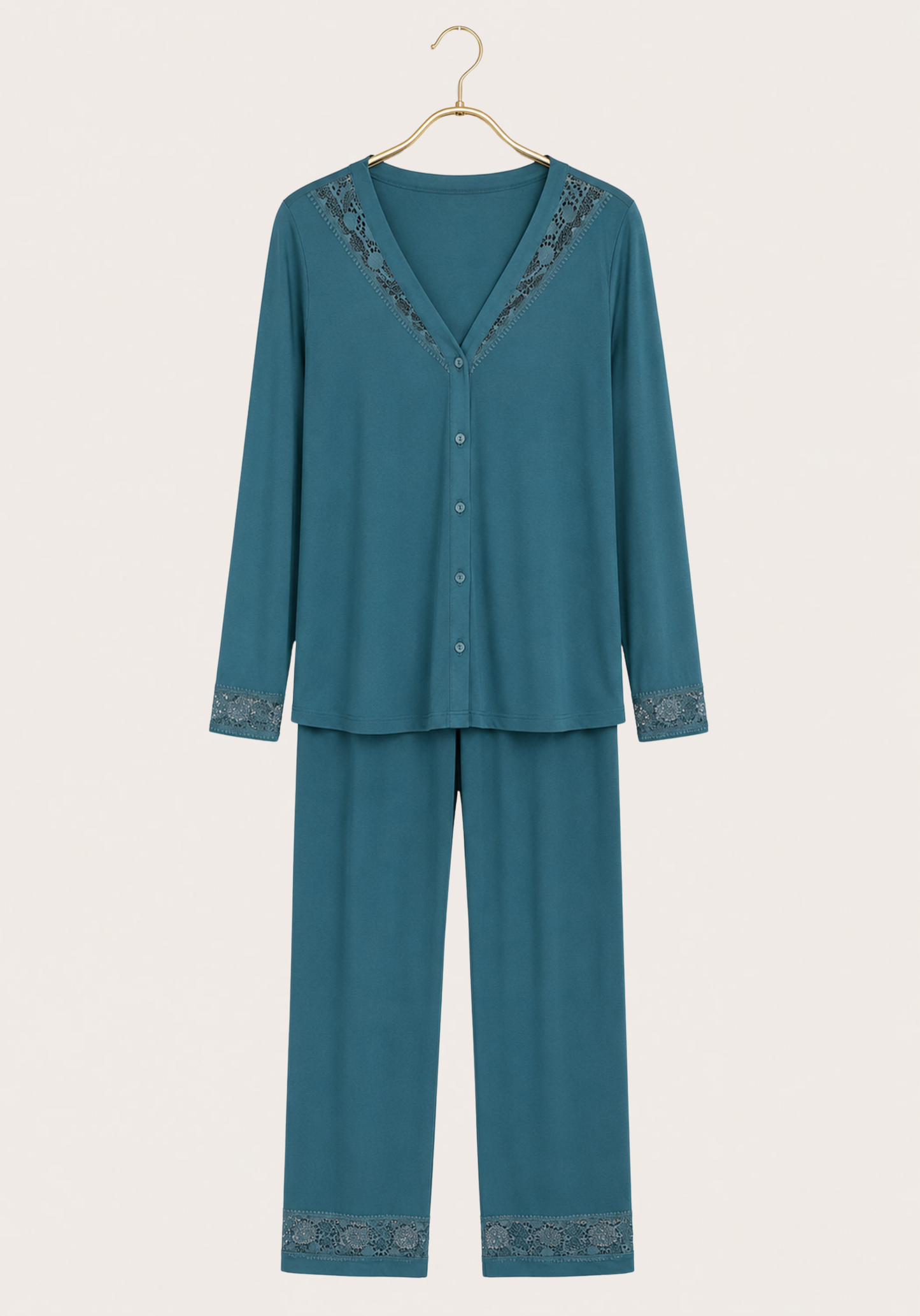 Pajamas: Viscose Lycra V-Neck Button Long Sleeve Top With Lace Detail And Pants