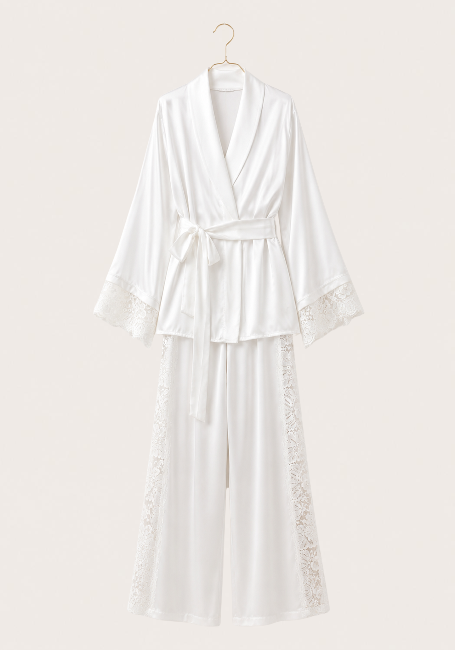 Satin Pajamas: Long Sleeves Robe Like Top And Pant With Lace Detail