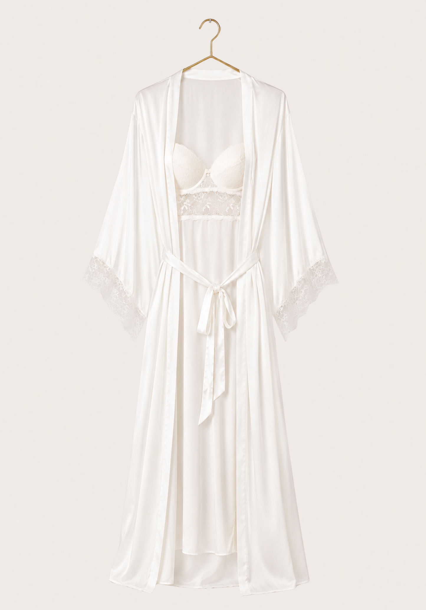 Bridal Long Robe Set: Shoulder Strap Padded Bra Long Gown And Long Robe With Lace Detail