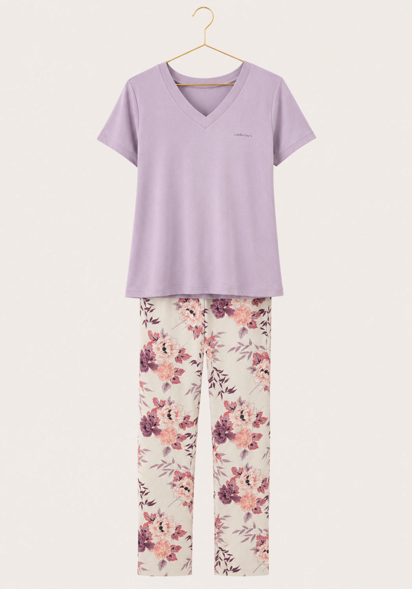 Plain V-Neck Short Sleeve Top And Floral-Print Pants