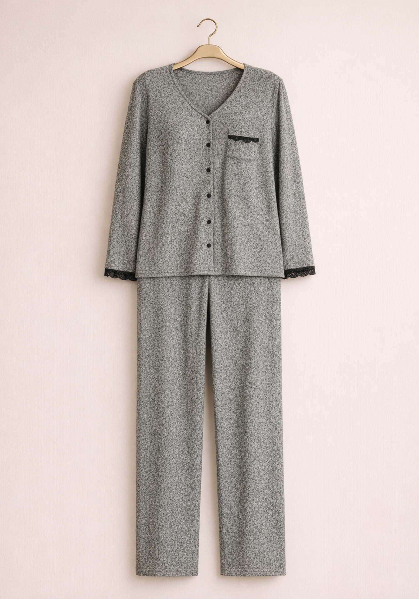 Button Long Sleeve Pajamas With Lace Detail Pocket (Vis Pes Els)