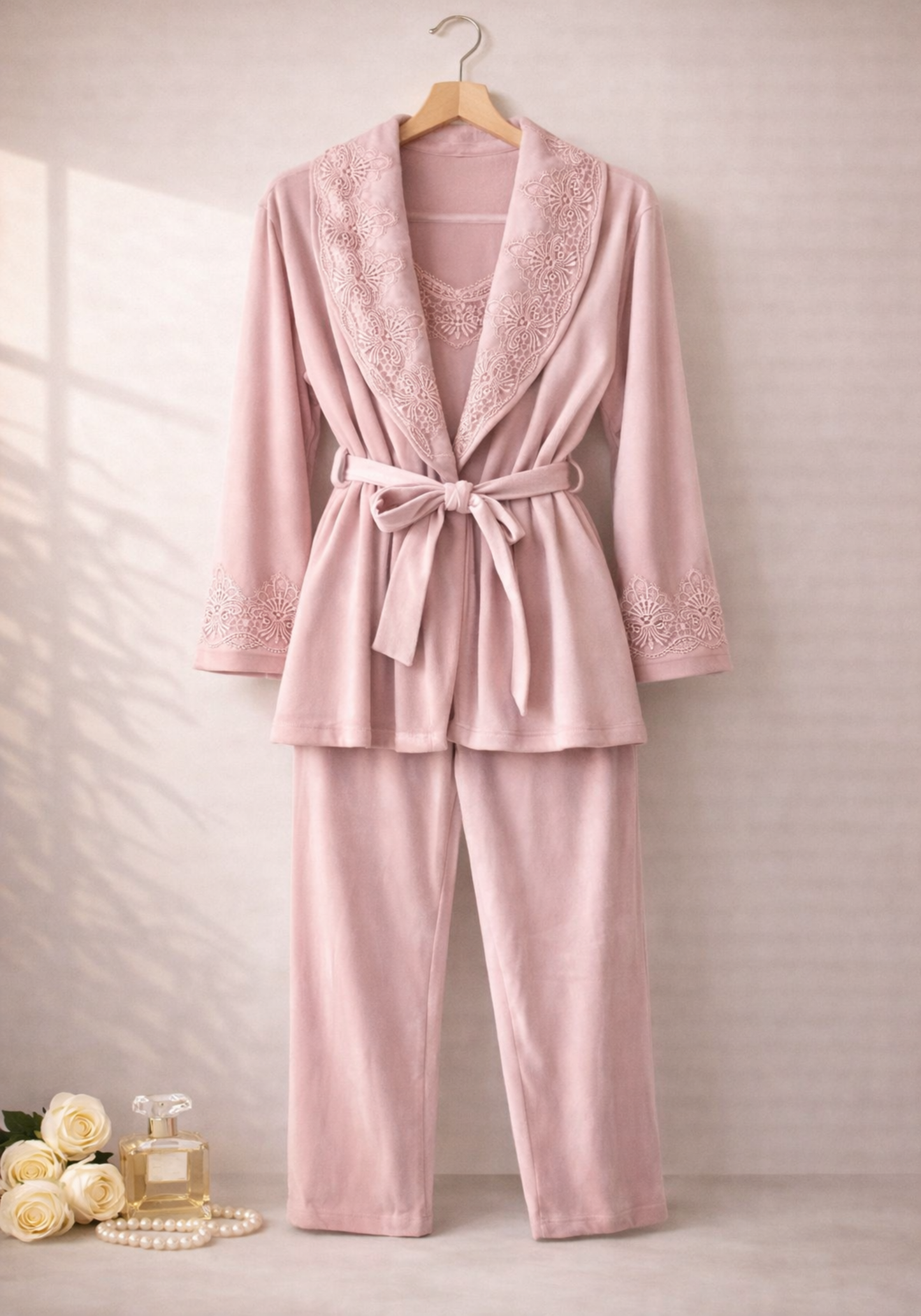 Velour 3 Pieces Set: Sleeveless Pajama And Short Robe