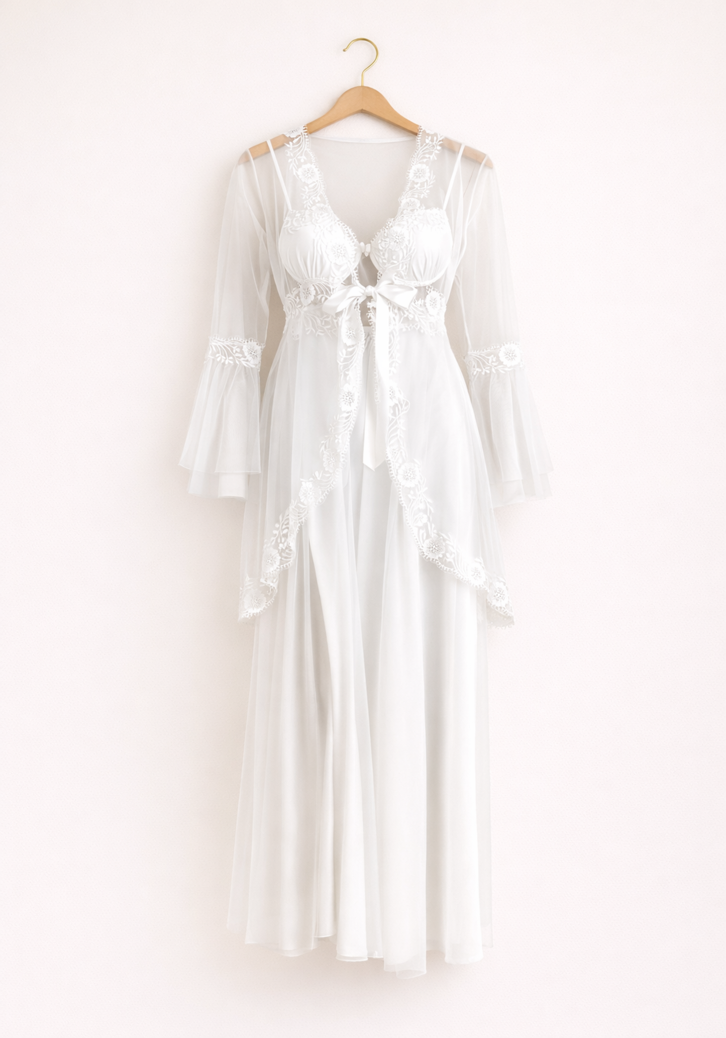 Bridal Robe Set: Padded Underwire Satin Long Nighty And Long Sschiffon Robe With Lace Detail