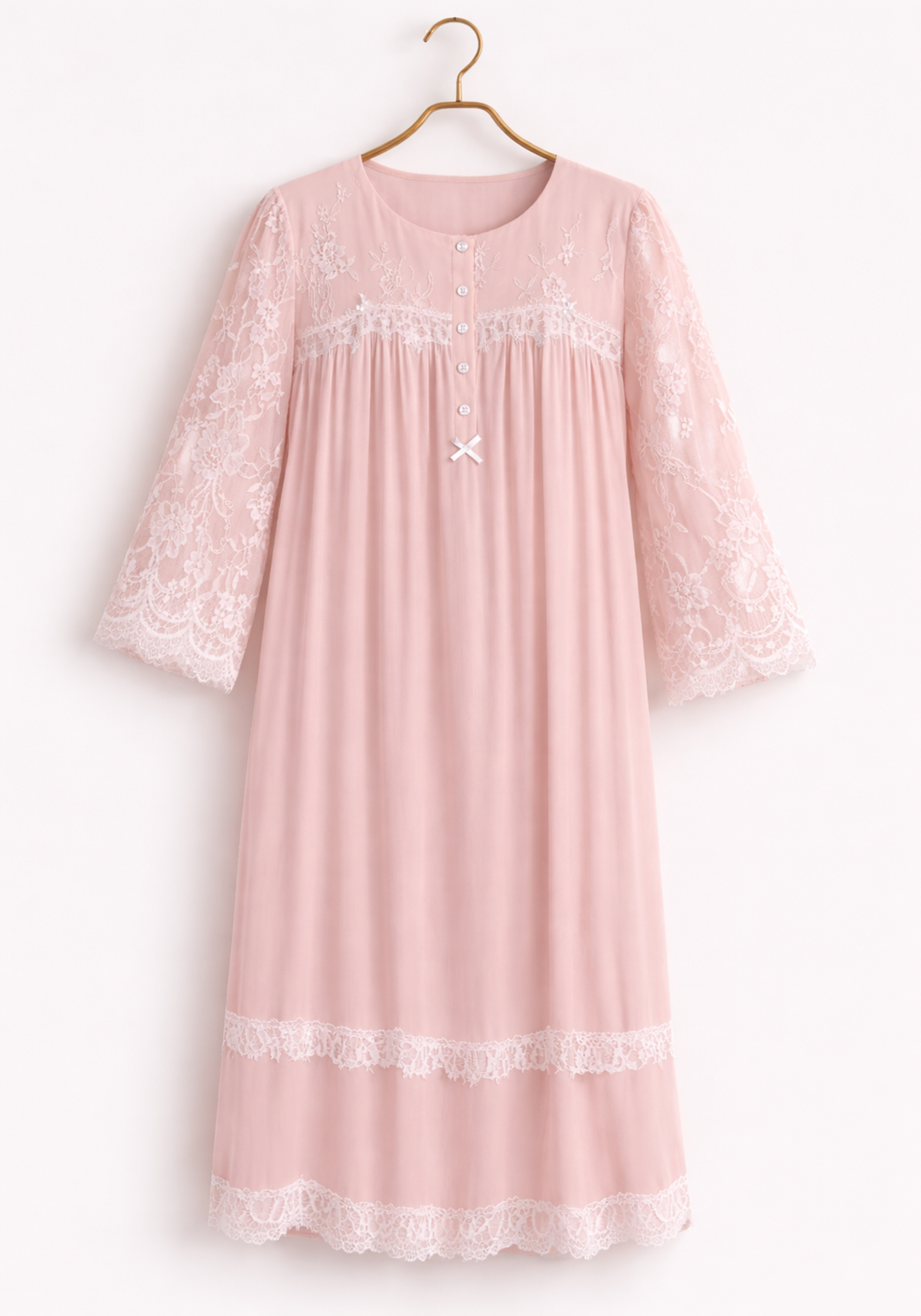 Woven Viscose Long Sleeves Long Nighty With Dantel In The Front & Sleeves With Buttons