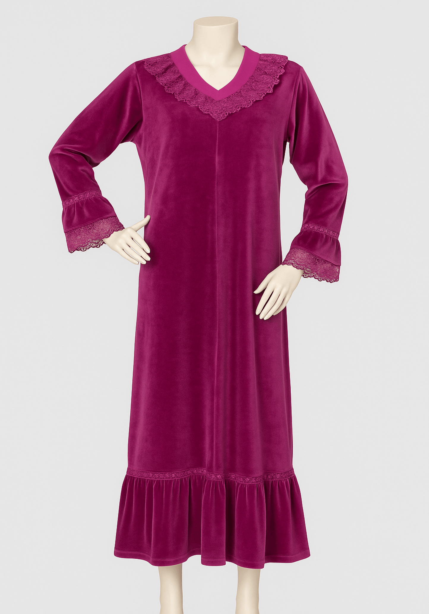 Velour Long Gown With Lace