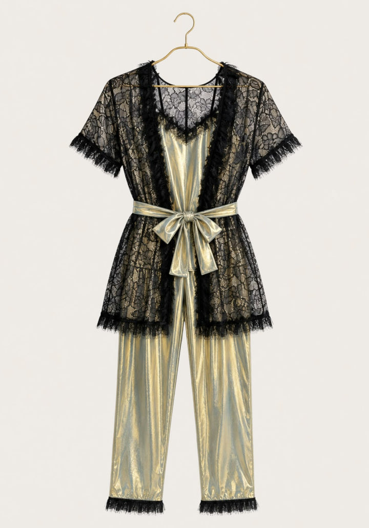 3 Pieces Pajamas: Disko Shoulder Strap Top And Pants And Full Dantel Short Sleeves Short Robe