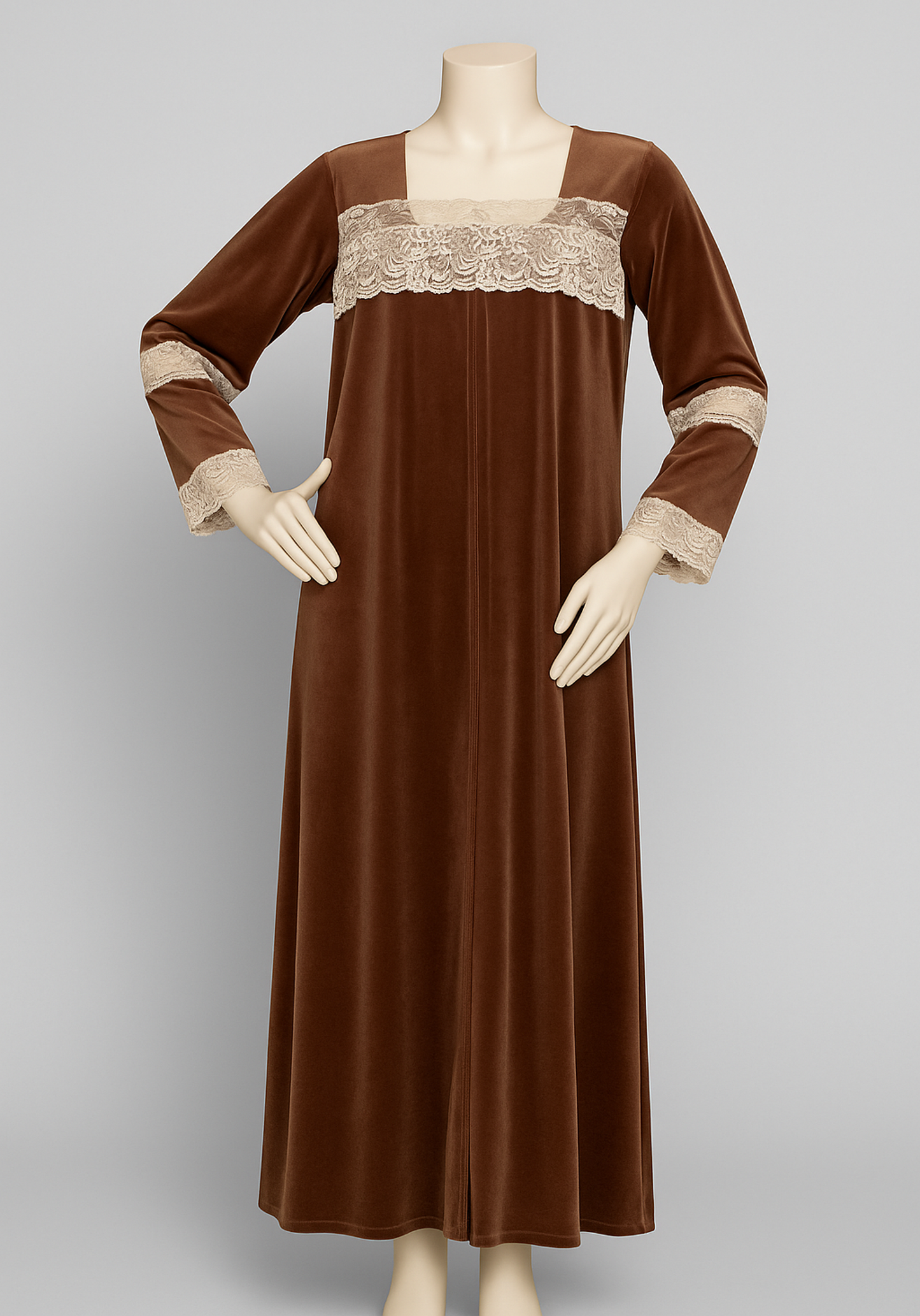 Velour Long Gown With Lace