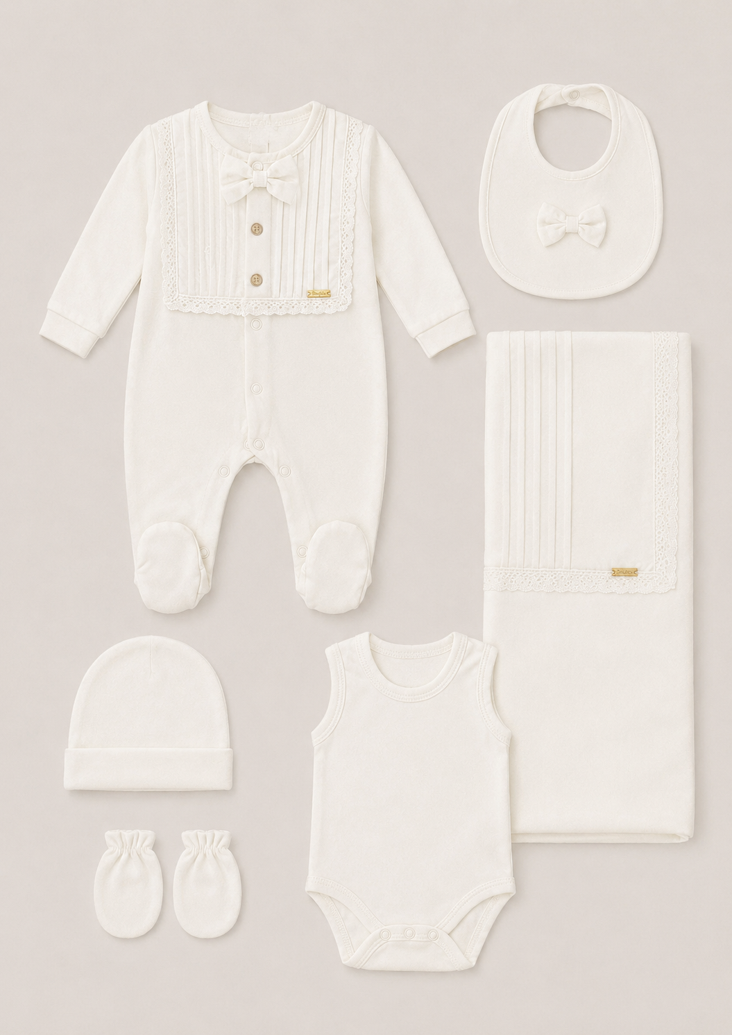 Babies Essential Set Of 6 Pieces: Romper, Hat, Bib, Blanket, Mittens, Socks