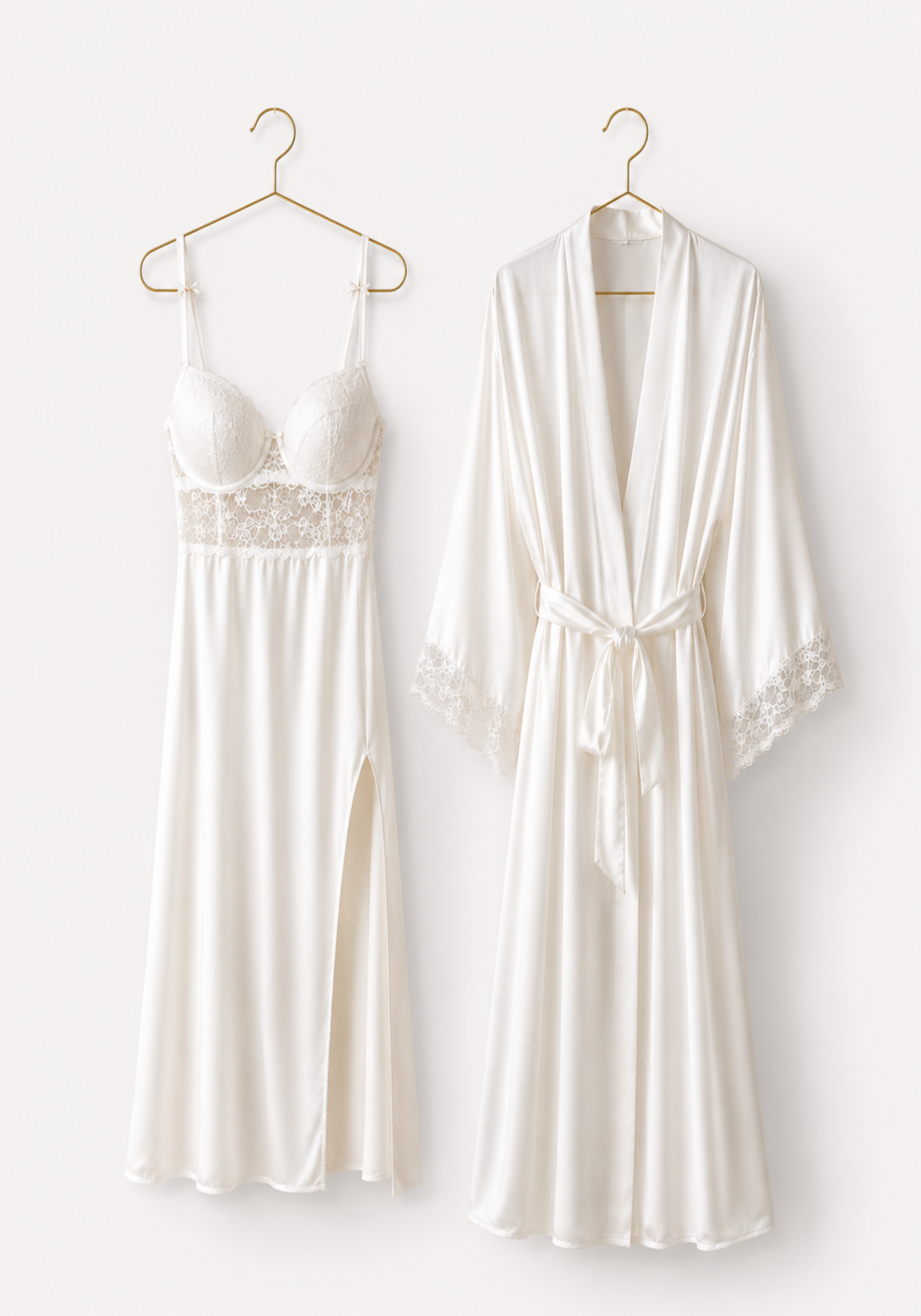Bridal Long Robe Set: Shoulder Strap Padded Bra Long Gown And Long Robe With Lace Detail