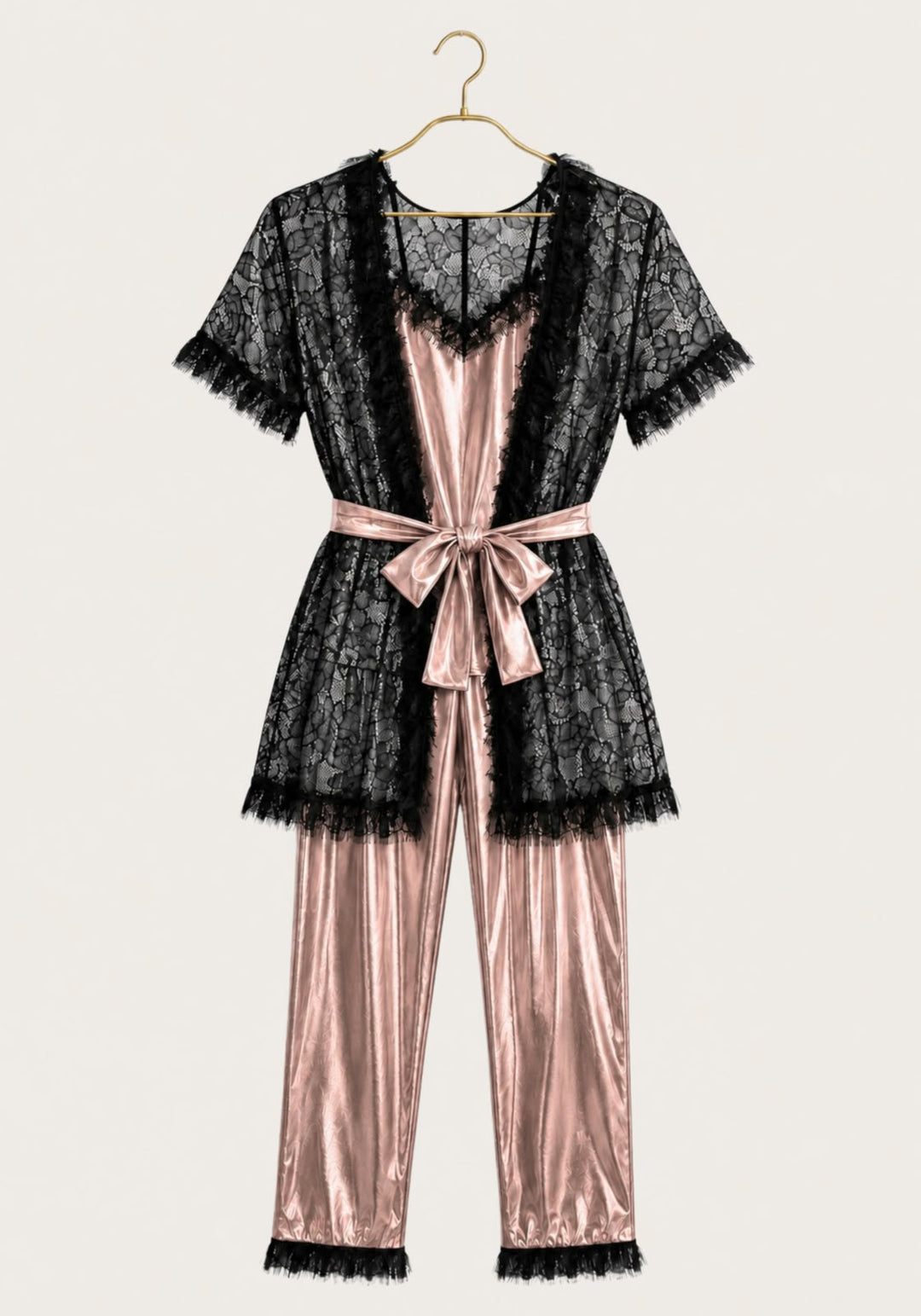 3 Pieces Pajamas: Disko Shoulder Strap Top And Pants And Full Dantel Short Sleeves Short Robe