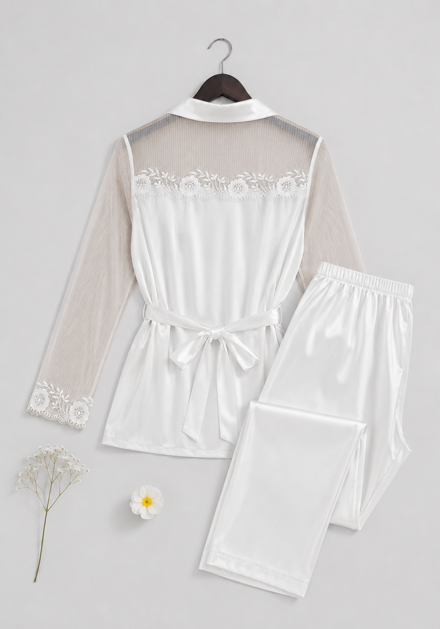 Bridal Pajamas: Satin Plain Collar Button Robe-Like Top With Toulle Long Sleeves And Satin Pants
