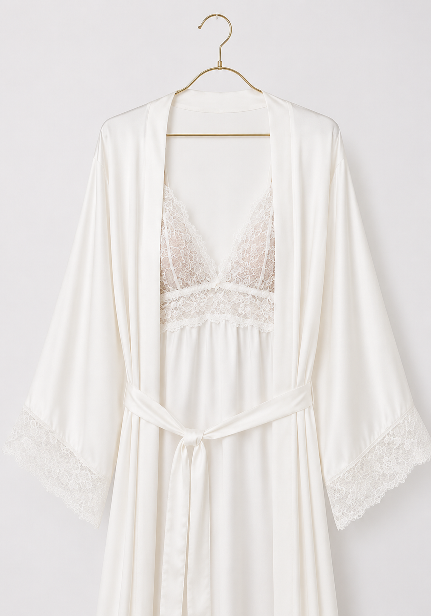 Bridal Long Robe Set: Shoulder Strap Lace Bra Long Gown And Long Robe With Lace Detail