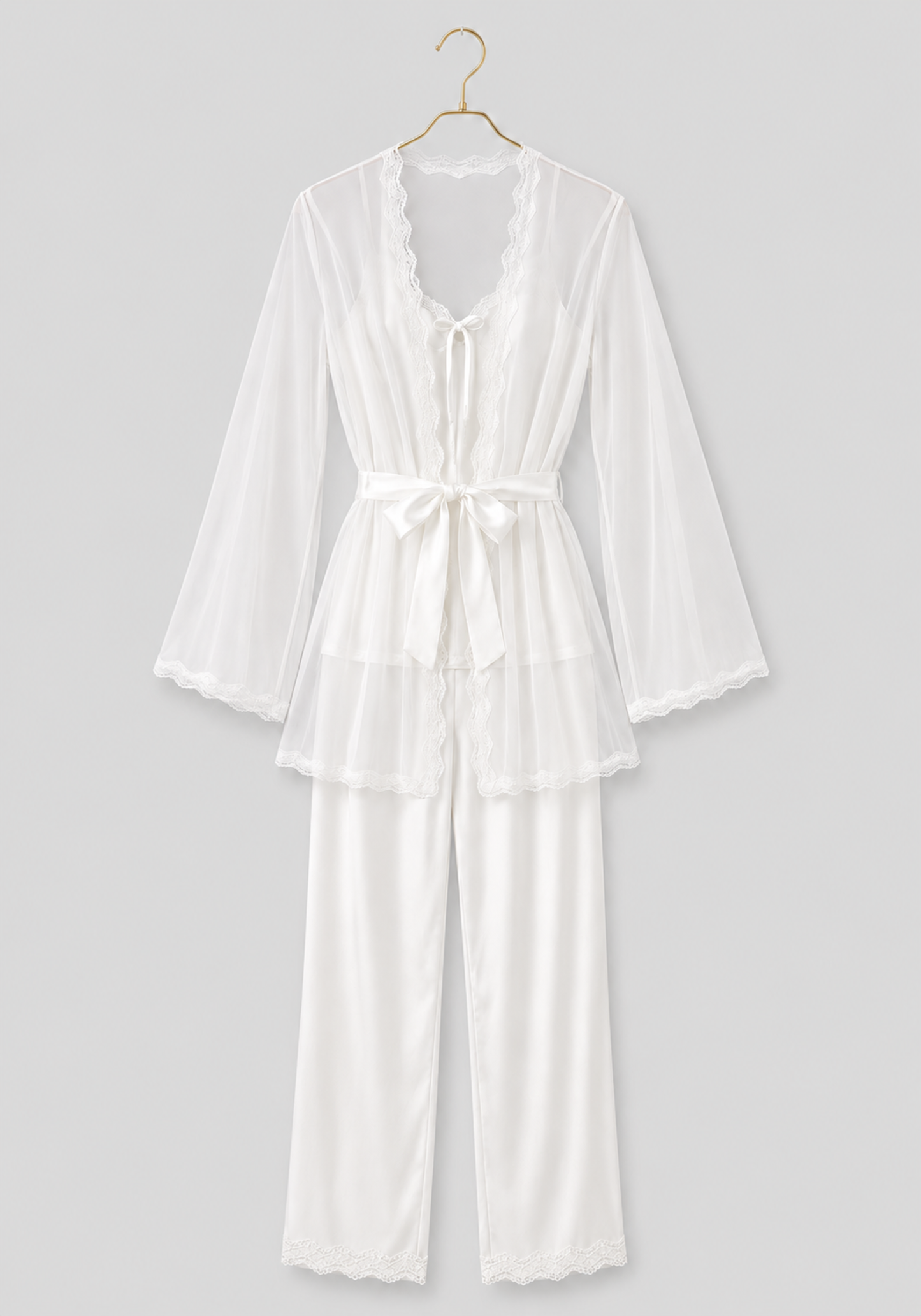 Bridal 3 Pieces Set: Schiffon Cami Top And Long Sleeve Short Robe And Satin Pants