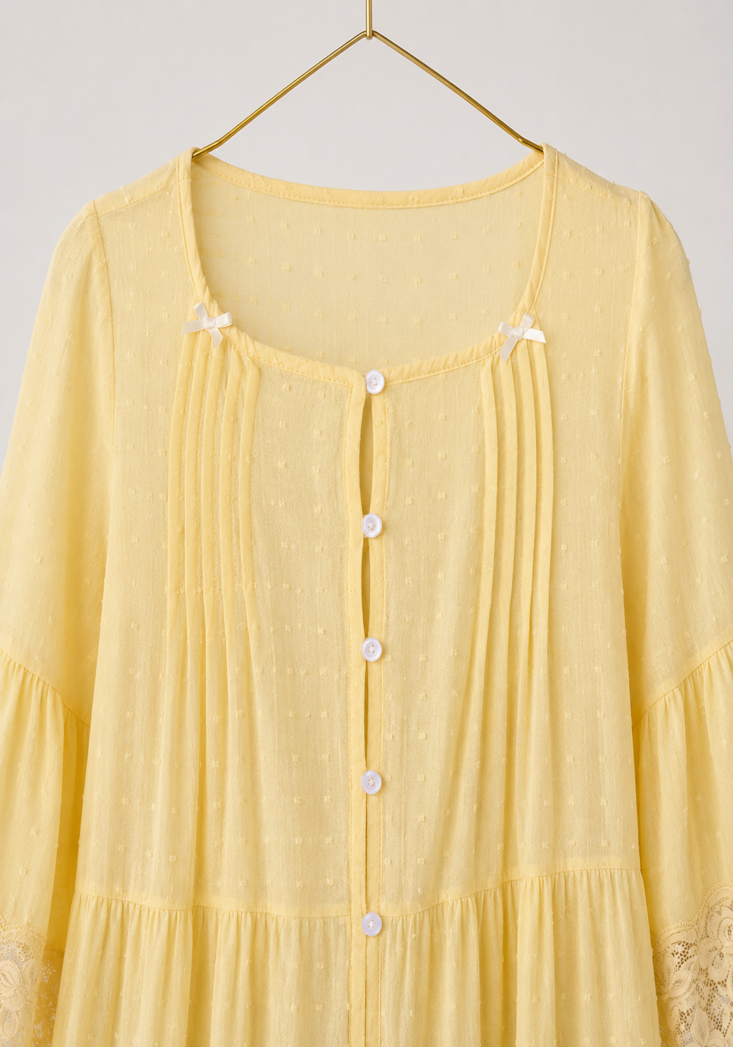 Woven Viscose Long Sleeves Midi Nighty With Front Buttons And Lace Detail