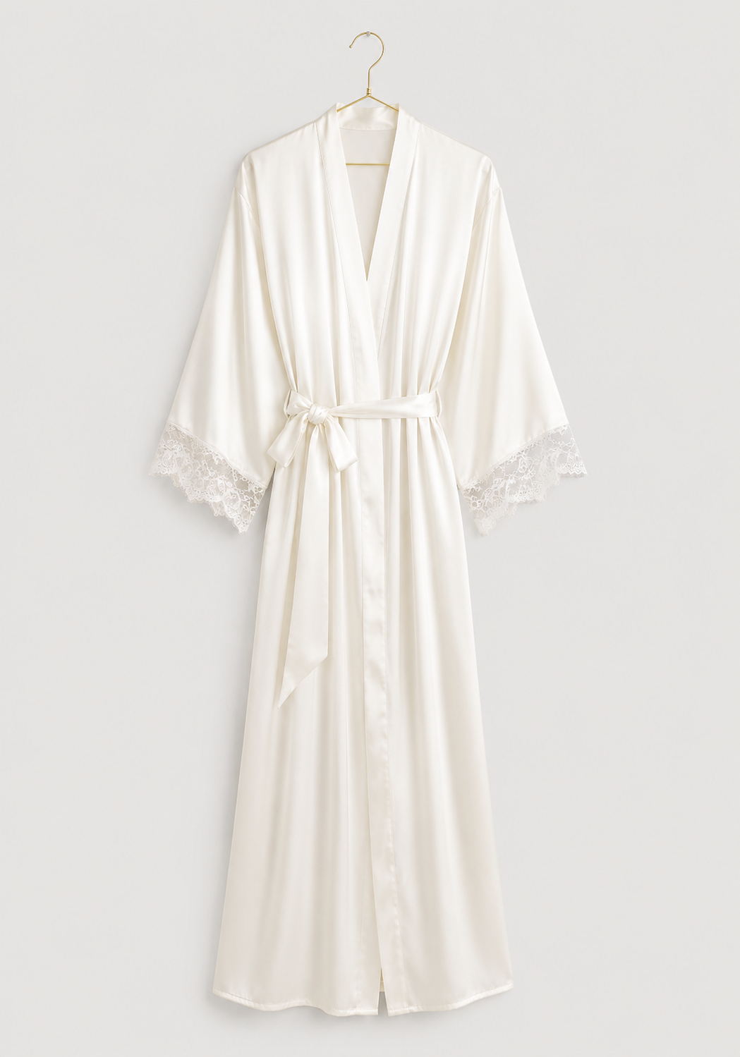 Bridal Long Robe Set: Shoulder Strap Lace Bra Long Gown And Long Robe With Lace Detail