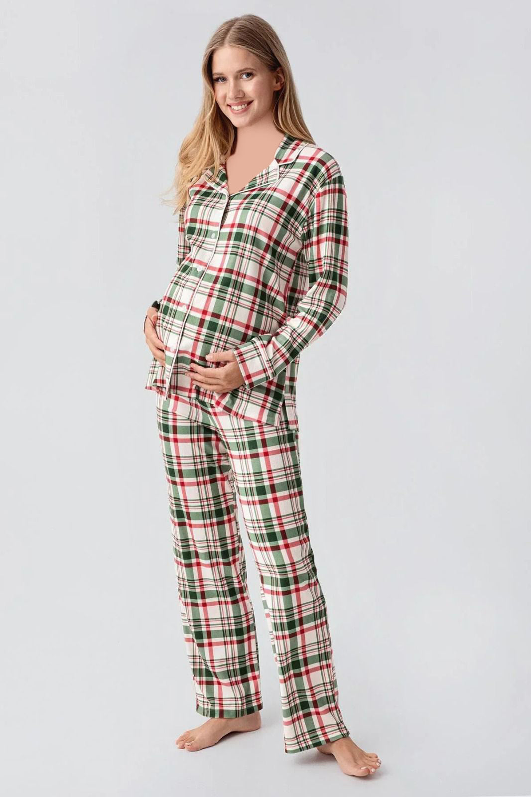 Collar Button Long Sleeve Chequered Pajamas
