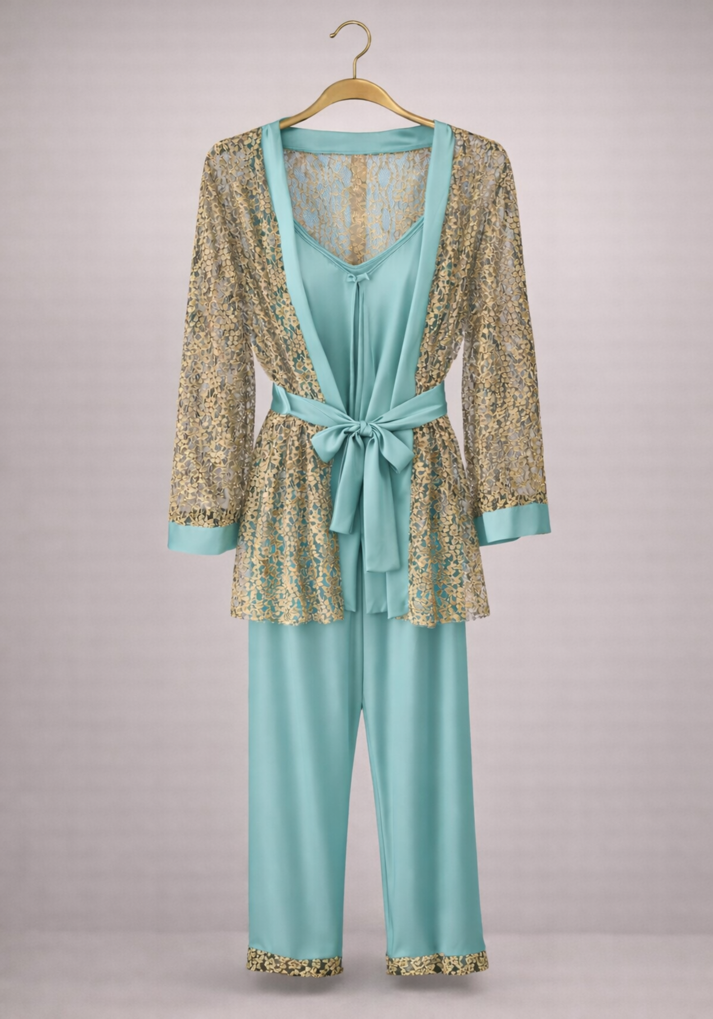 Satin 3 Pieces Set: Shoulder Strap Top And Plain Pants And Robe With Golden Dantel