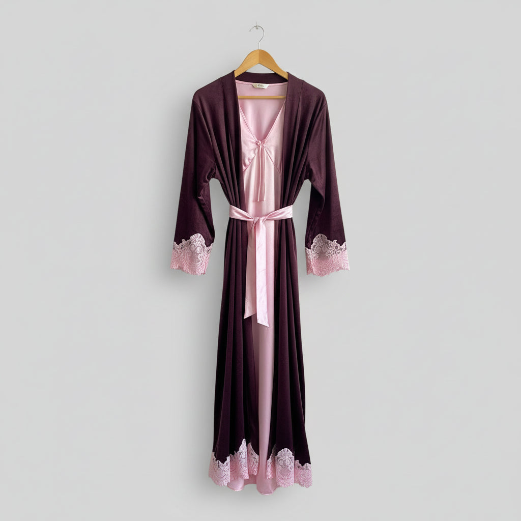 Velour Satin Robe Set: Velour Long Sleeve Long Robe And Satin Long Nighty