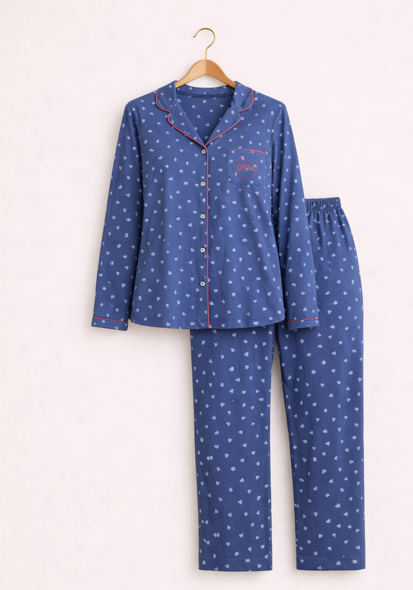 Collar Button Long Sleeve Dotted Pajamas (100% Cotton)