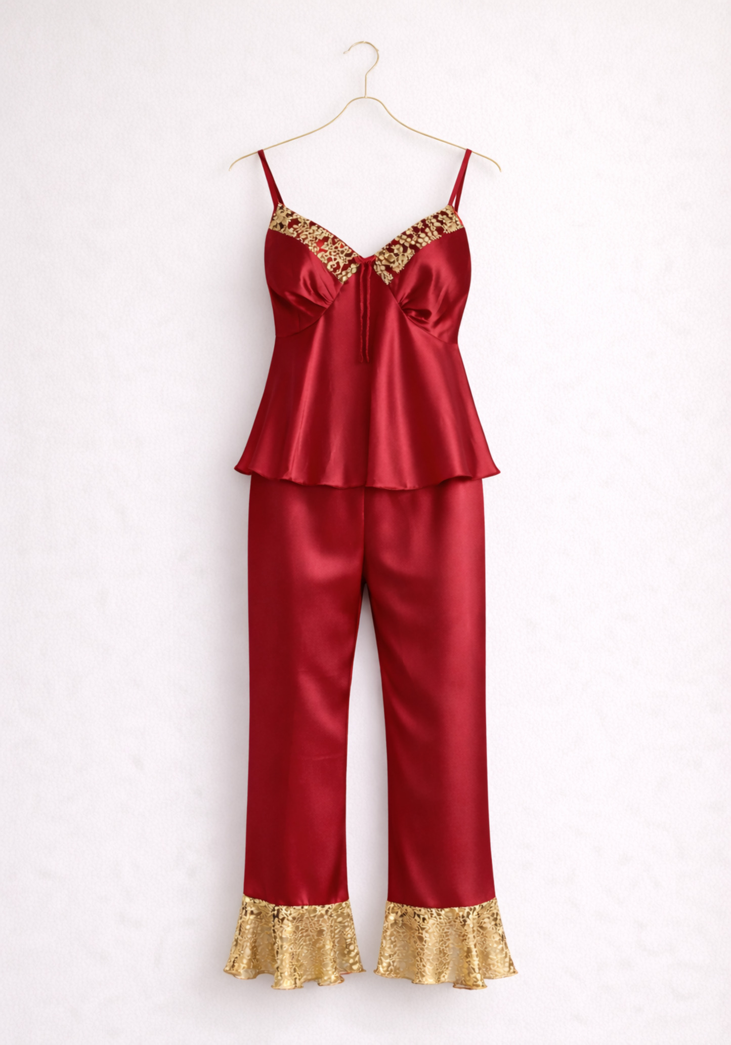 Satin Pajamas: Shoulder Strap Top And Pant With Lace Detail