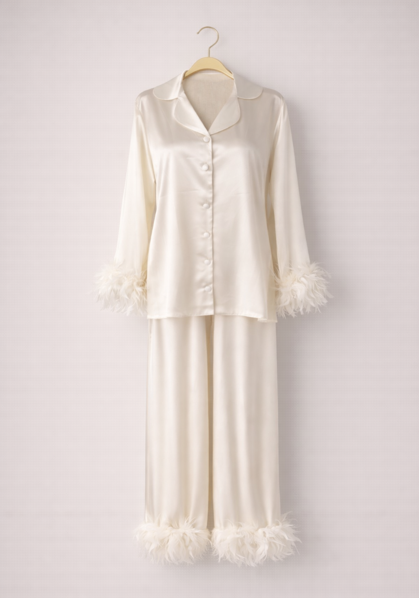 Satin Furr Collar Button Long Sleeve Pajamas