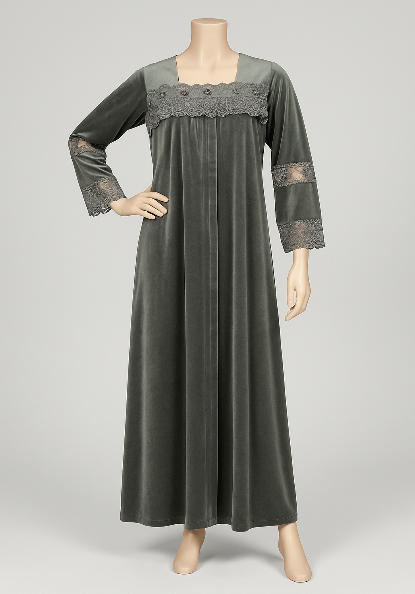Velour Long Gown With Lace
